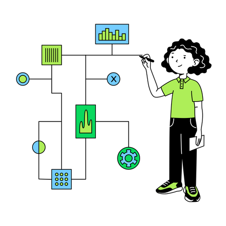 Woman drew block diagram of project  Illustration