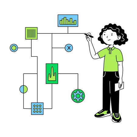 Woman drew block diagram of project  Illustration
