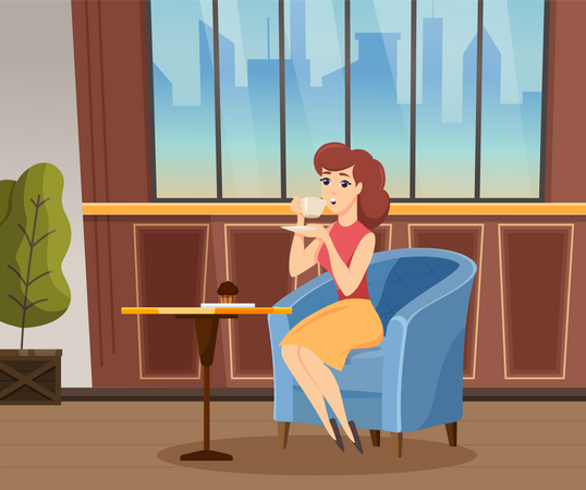 Woman Drink Coffee and Eat Muffin in Coffeehouse  Illustration