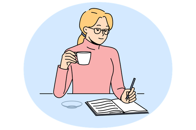 Woman drink coffee write in notebook  Illustration