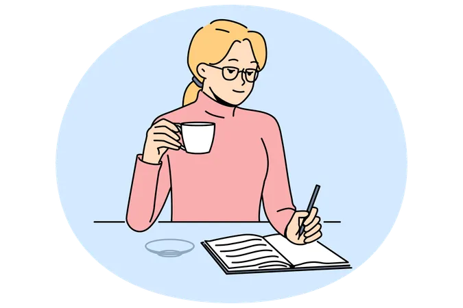 Woman drink coffee write in notebook  Illustration