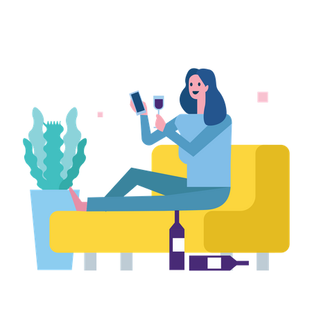 Woman drink wine and use phone on sofa  Illustration