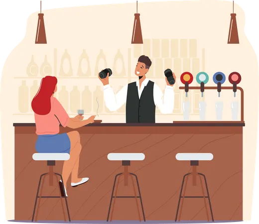 Young Woman Sitting In Pub Drink Alcohol And Smoke Cigarette Barista Shaking Cocktail Nightlife Sparetime Leisure Female Character Relax In Night Bar On Weekend Cartoon People Vector Illustration Illustration