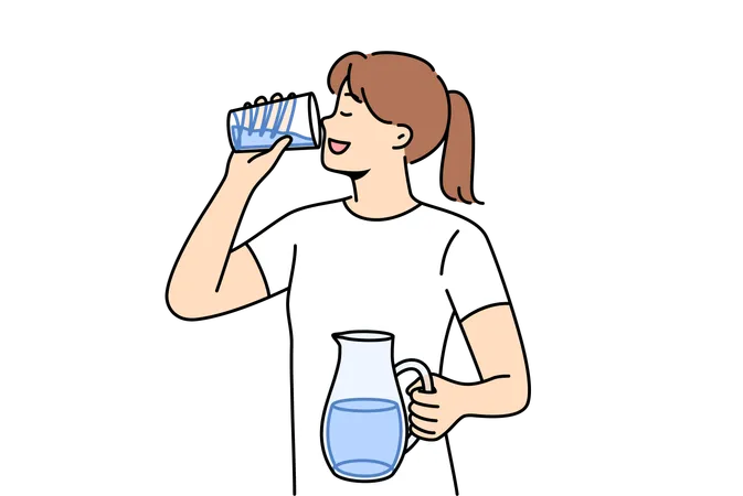 Woman Drinks Clean Water From Glass To Refresh Herself And Saturate Body With Mineral Aqua With Vitamins Girl With Jug Of Water In Hands Taking Care Of Health Trying To Avoid Dehydration Illustration