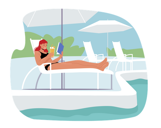 Woman Drinking Cocktail and Reading Book on Chaise Lounge Illustration