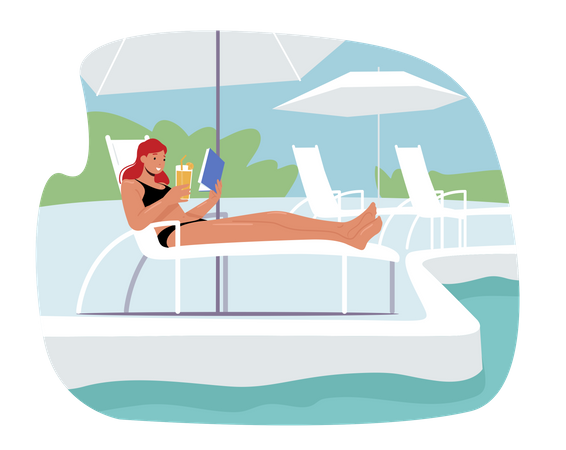 Woman Drinking Cocktail and Reading Book on Chaise Lounge  Illustration