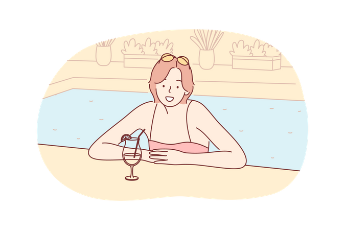Woman drinking cocktail in swimming  일러스트레이션