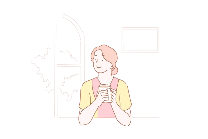 Girl In Love Dreams Of Thinks Or Resting Drinking A Cup Of Coffee At Kitchen Happy Young Housewife After Work At Home Vector Flat Design イラスト