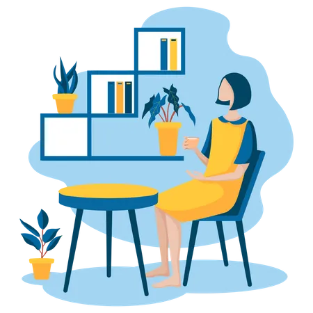 Woman Relaxing Concept White Home Interior Background At Her Home Vector Illustration Of A Woman Inside Home Interior Illustration