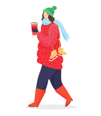 Woman Drinking Coffee and Wearing Warm Clothes  イラスト