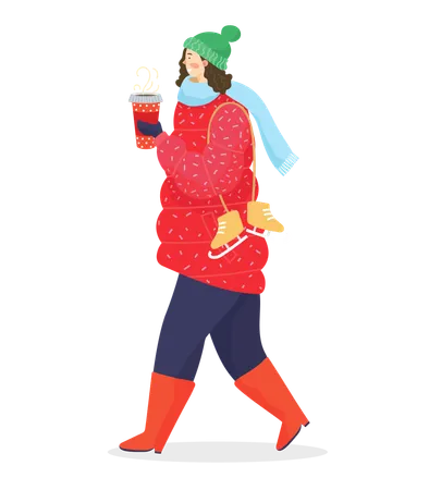 Female Character Walking At Street Wearing Winter Clothes And Drinking Hot Tea Or Coffee Lady With Skating Shoes Enjoying Hot Beverage From Plastic Cup Personage In Wellingtons Vector In Flat Illustration
