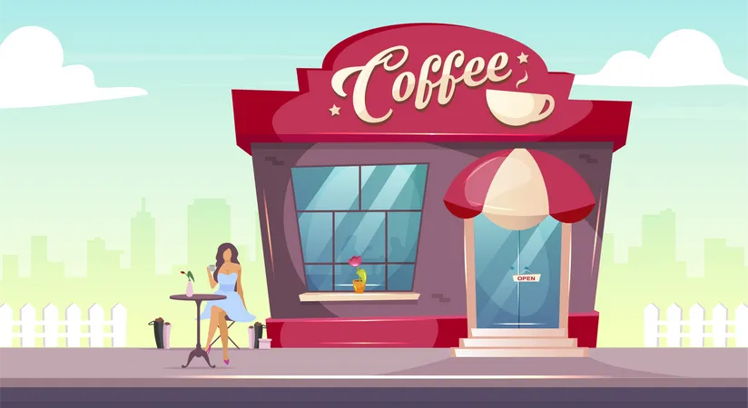 Woman drinking coffee at coffeeshop  Illustration