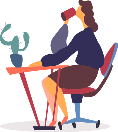 Woman Drinking Coffee at Office  Illustration