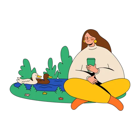 Woman Drinking Coffee By The Duck Pond  Illustration