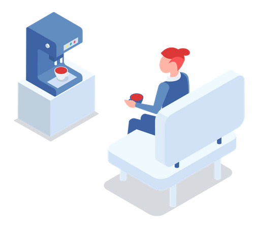 Woman drinking coffee from coffee machine  イラスト