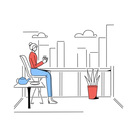 バルコニーでコーヒーを飲む女性  イラスト