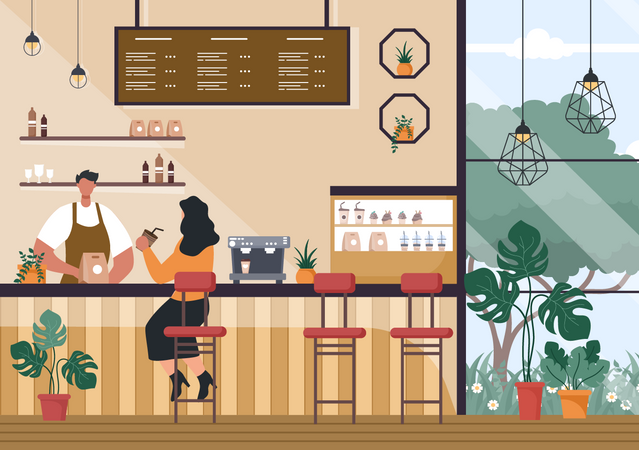 Woman drinking coffee in cafe Illustration