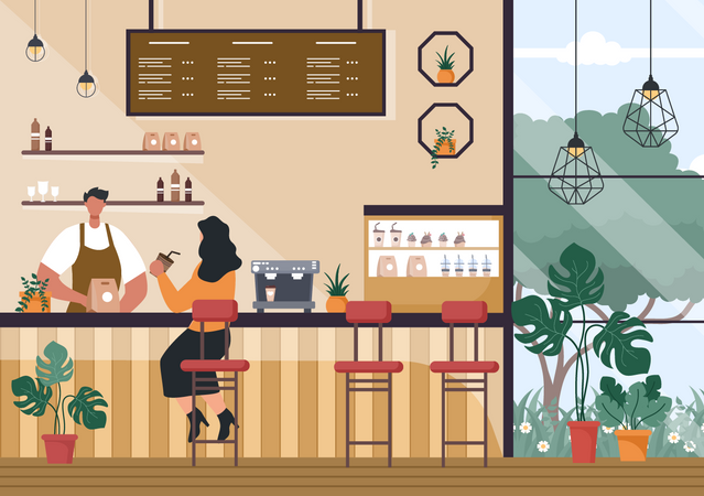 Woman drinking coffee in cafe  Illustration