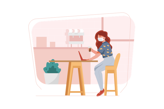 Woman drinking coffee in the cafe  Illustration