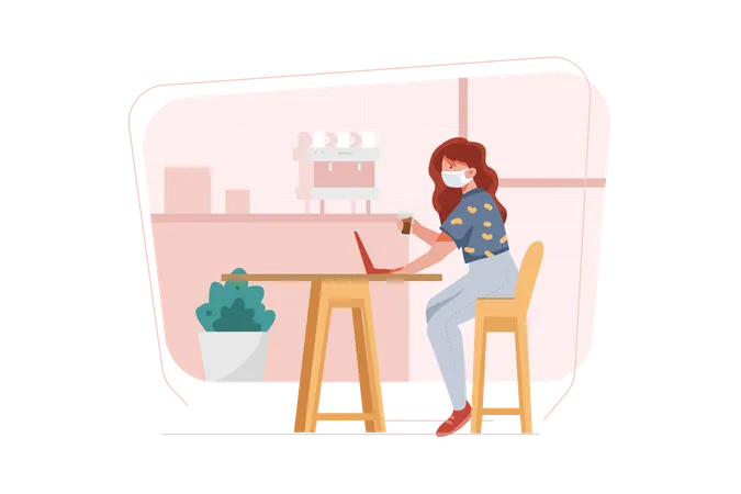 Woman drinking coffee in the cafe  Illustration