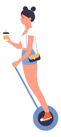 Woman drinking coffee on escooter  Illustration