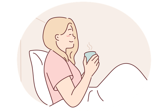 Woman  drinking coffee sitting in bed under blanket enjoying morning weekend and good mood  Illustration
