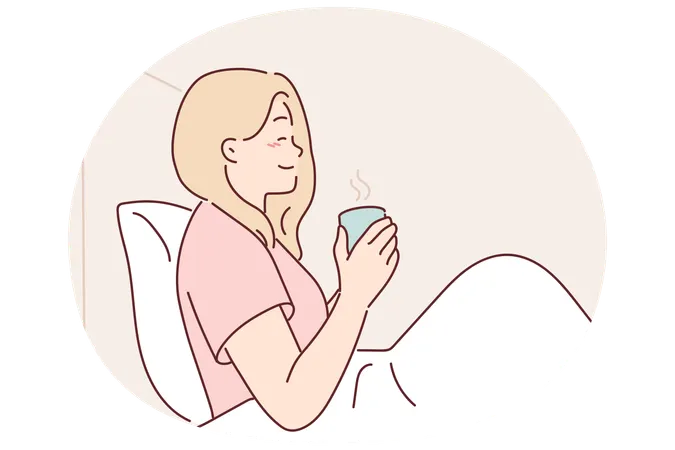 Woman  drinking coffee sitting in bed under blanket enjoying morning weekend and good mood  Illustration