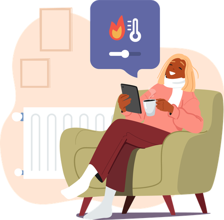 Woman drinking coffee wearing warm clothing using mobile tech app for smart home climate control  Illustration