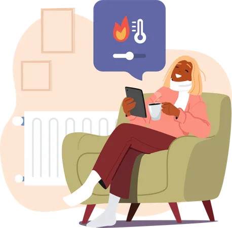 Woman drinking coffee wearing warm clothing using mobile tech app for smart home climate control  Illustration