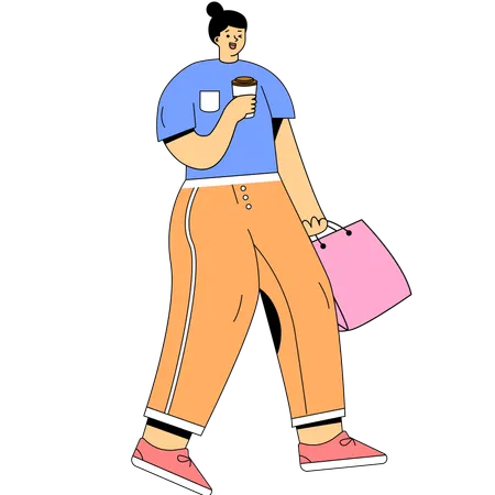 Woman drinking coffee while shopping  Illustration