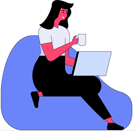 Woman drinking coffee while working on laptop  Illustration