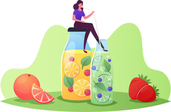 Woman Drinking Fresh Fruit Juice  Illustration