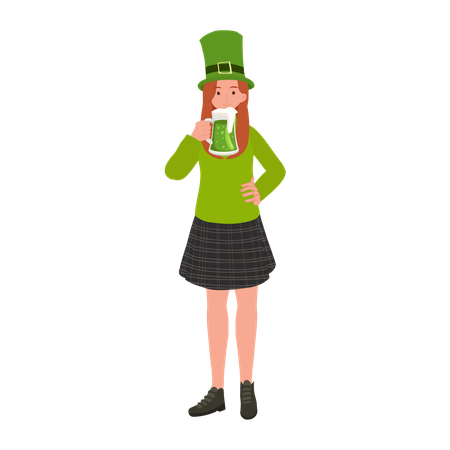 Woman drinking Green Beer  Illustration