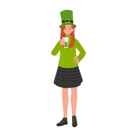 St Patricks Day Celebration With Woman Enjoying Green Beer Festive Irish Holiday Illustration