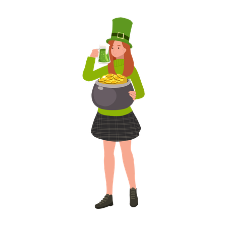 Woman drinking Green Beer and gold pot  Illustration