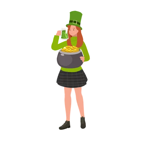 Woman drinking Green Beer and gold pot  Illustration