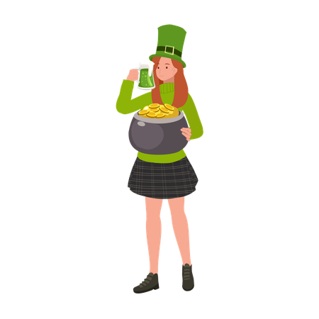 Woman drinking Green Beer and gold pot  Illustration