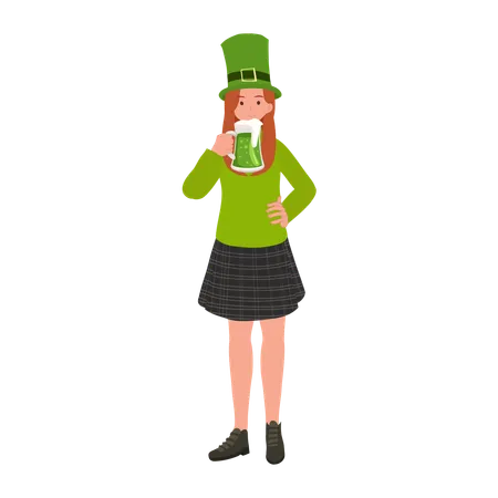 Woman drinking Green Beer  Illustration