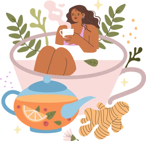 Woman drinking green tea at therapy center  Illustration