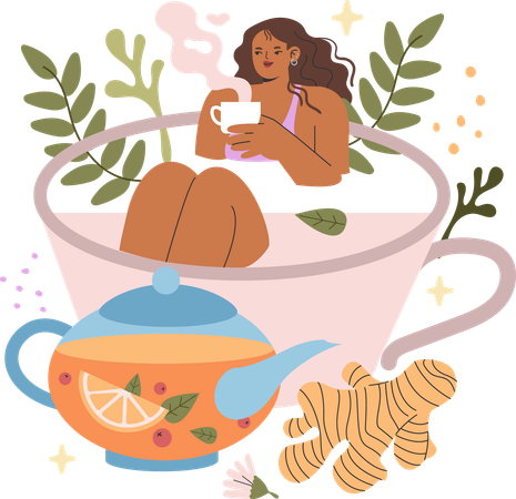 Woman Drinking Green Tea  Illustration