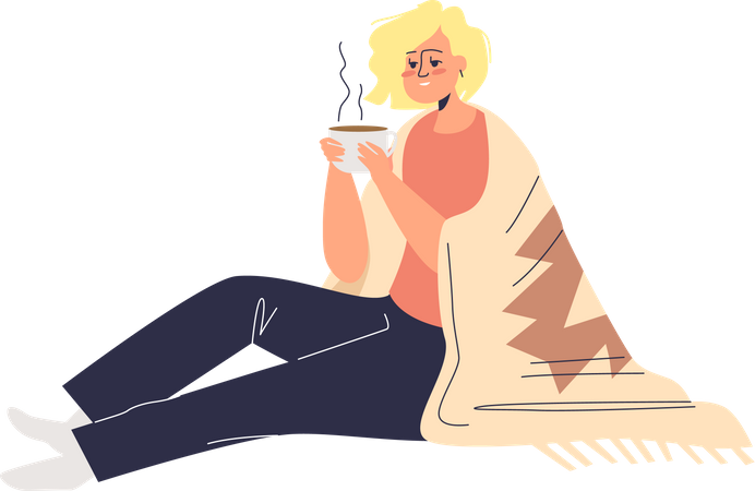 Woman drinking hot tea covered with blanket  Illustration