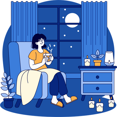 Woman drinking hot tea while looking at night moon  Illustration