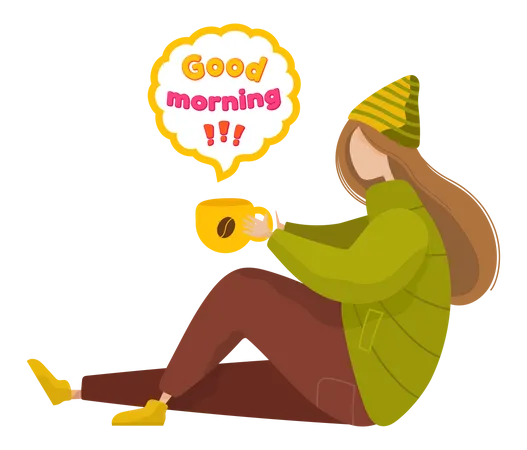 Woman Drinking Coffee With Good Morning Inspirational Lettering Lady With Invigorating Drink Near Bright Sticker With Expressive Phrase In Speech Bubble Good Morning Wishes Vector Illustration Illustration
