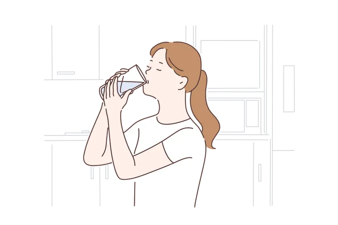 Healthy Lifestyle Healthcare Diet Concept Young Woman Drinking Thirst Quenching Thirsty Girl Holding Glass With Refreshment Drink Teenager Staying Hydrated After Training Simple Flat Vector 일러스트레이션