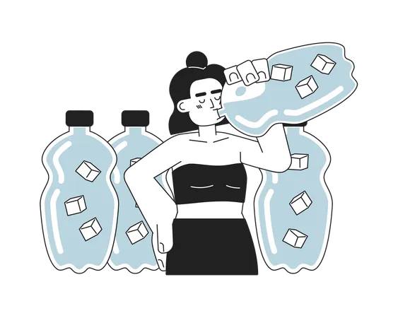 Drink More Water Monochrome Concept Vector Spot Illustration Latina Woman Drinking From Water Bottle 2 D Flat Bw Cartoon Character For Web UI Design Stay Cool Isolated Editable Hand Drawn Hero Image Illustration