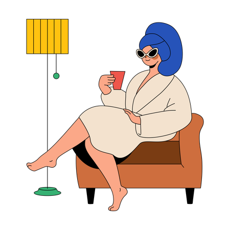 Woman Drinks Coffee After A Bath  Illustration