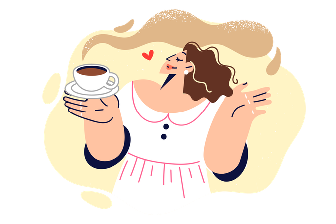 Woman drinks coffee and enjoys aroma of invigorating hot drink  Illustration
