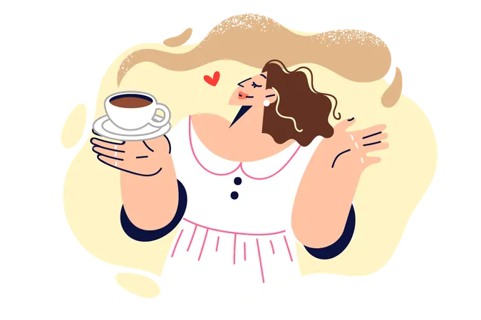 Woman Drinks Coffee And Enjoys Aroma Of Invigorating Hot Drink Enjoying Happy Morning Young Girl In White Dress Holding Cup Of Delicious Espresso Coffee For Breakfast Or Work Break Illustration