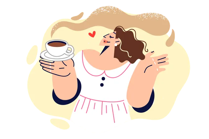 Woman drinks coffee and enjoys aroma of invigorating hot drink  Illustration