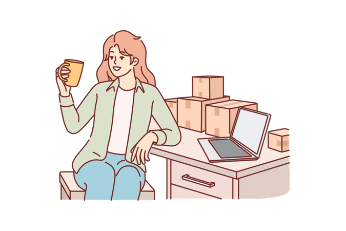 Woman drinks coffee sitting at table with boxes and takes short break  Illustration